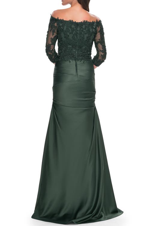 La Femme Mermaid Satin Dress With Gathering And Off The Shoulder Top In Emerald