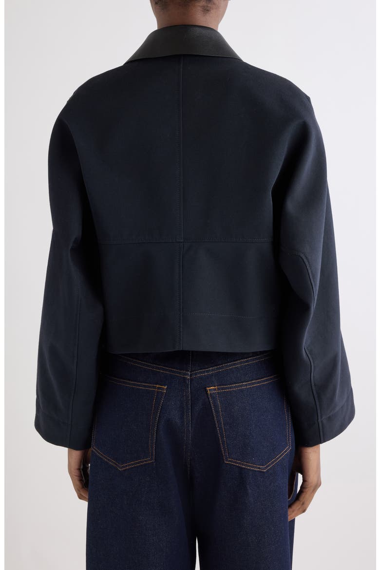 Leather Collar Gabardine Crop Trench Jacket, Alternate, color, DARK NAVY
