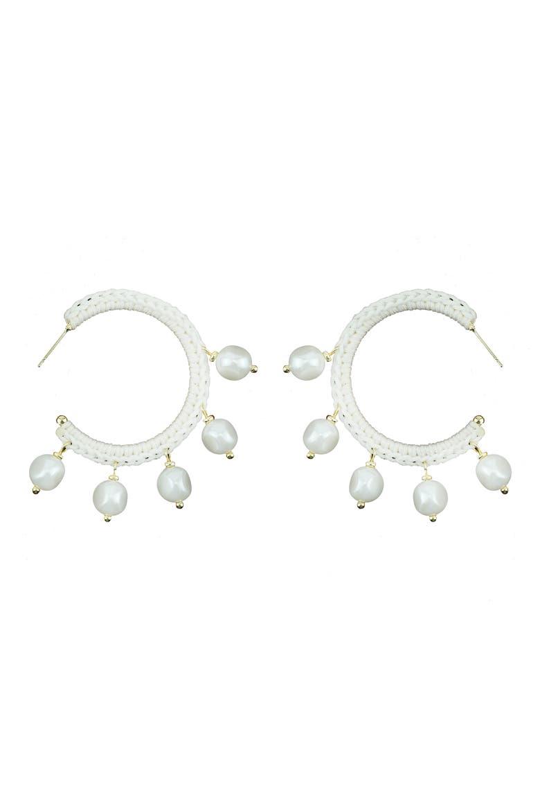 Wrapped Faux Pearl Charm Hoop Earrings, Main, color, WHITE