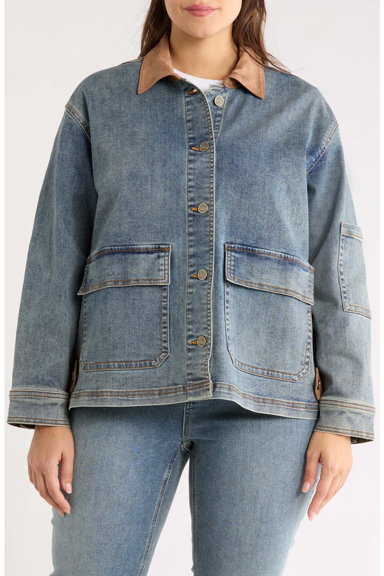 Denim Jacket with Faux Leather Trim, Alternate, color, INDIGO