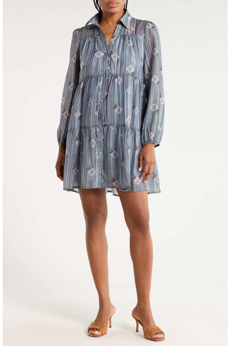Print Tiered Mini Shirtdress, Main, color, DENIM BLUE MULTI