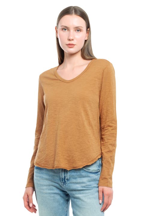 Long Sleeve V-Neck With Raw Hem Shirttail