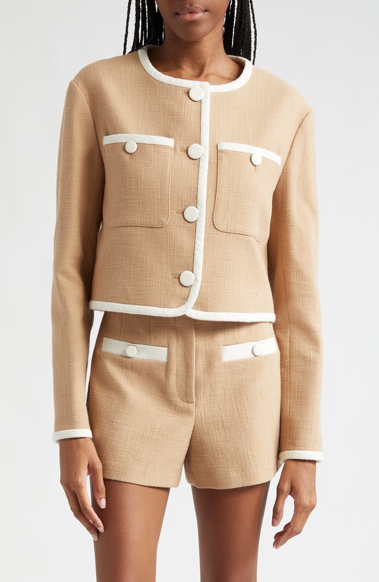 Veronica Beard Beale Contrast Detail Cotton Blend Tweed Jacket, Main, color, Khaki