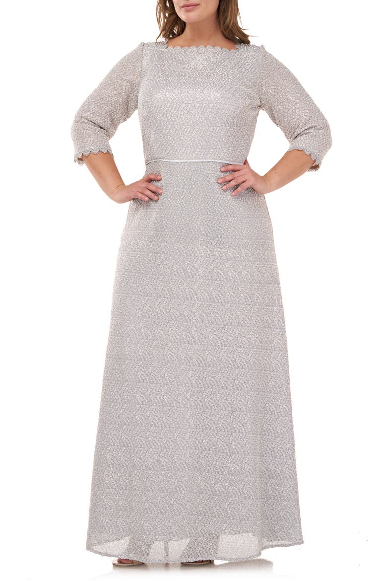 Metallic Lace A-Line Gown, Main, color, SILVER