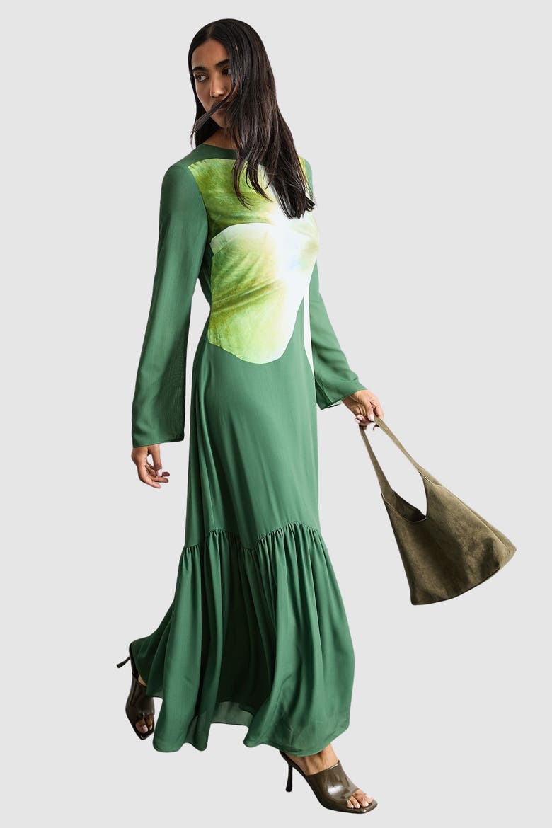Chiffon Placement Print Midaxi Dress, Alternate, color, Dark Green