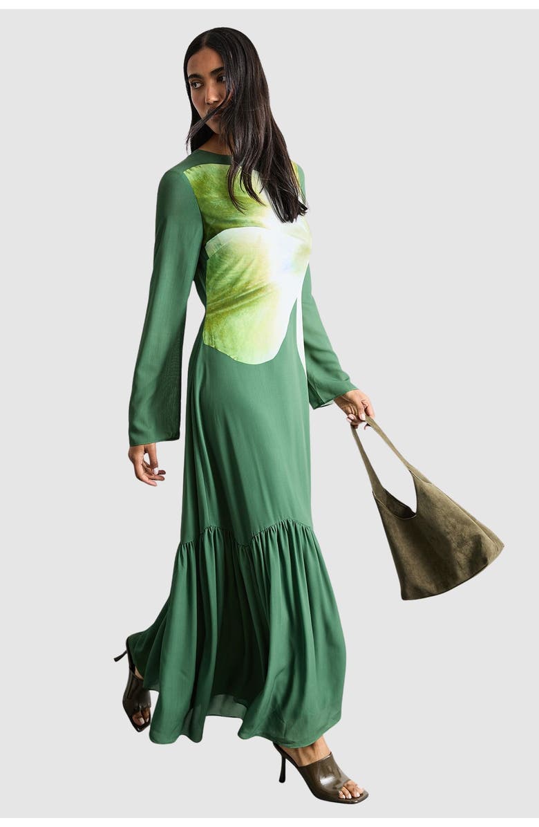 Warehouse Chiffon Placement Print Midaxi Dress, Main, color, Dark Green