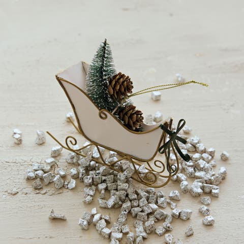 Iron Sleigh Ornament with Bottle Brush Tree and Pinecones
