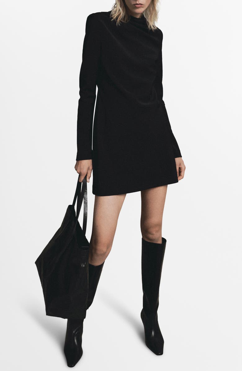 MANGO Drape Neck Long Sleeve Dress, Main, color, Black