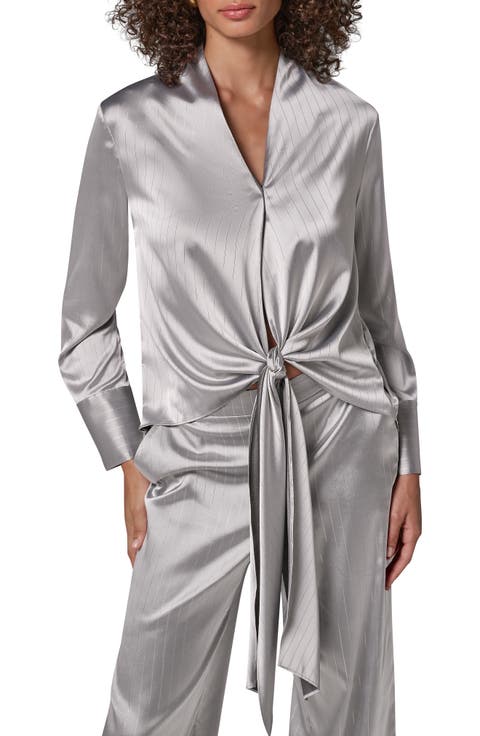 Pinstriped Tie Front Wrap Shirt