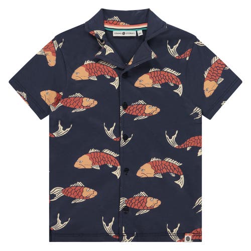 Stains And Stories By Babyface Koi Print Button Up Short Sleeve Shirt In Black