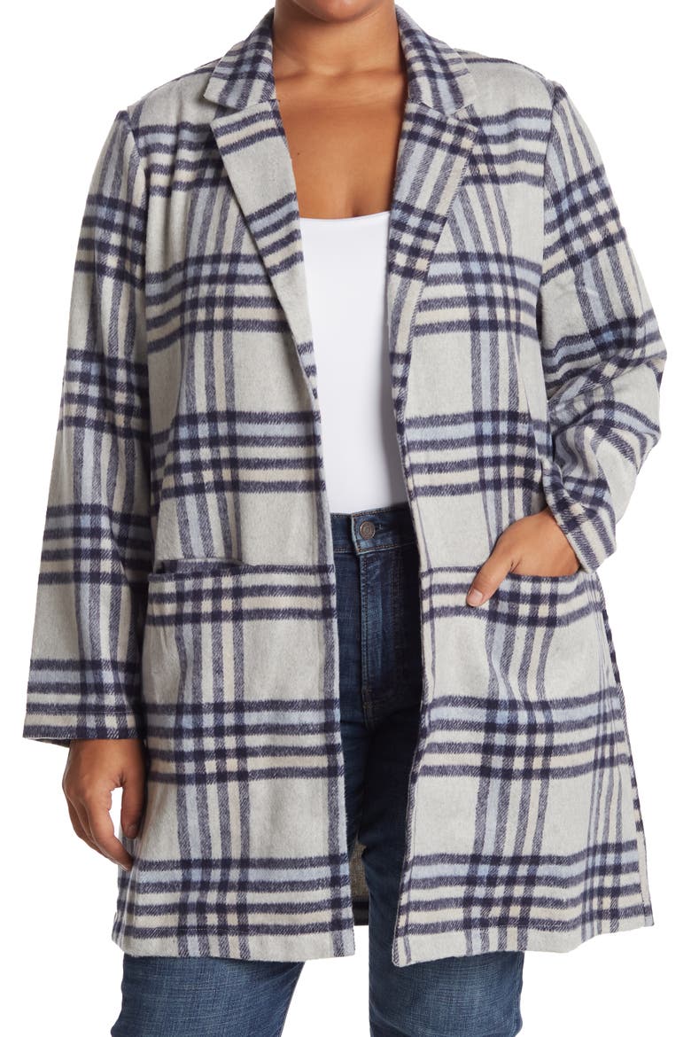 Plaid Notch Collar Open Front Jacket, Main, color, NVYGRY PLAID