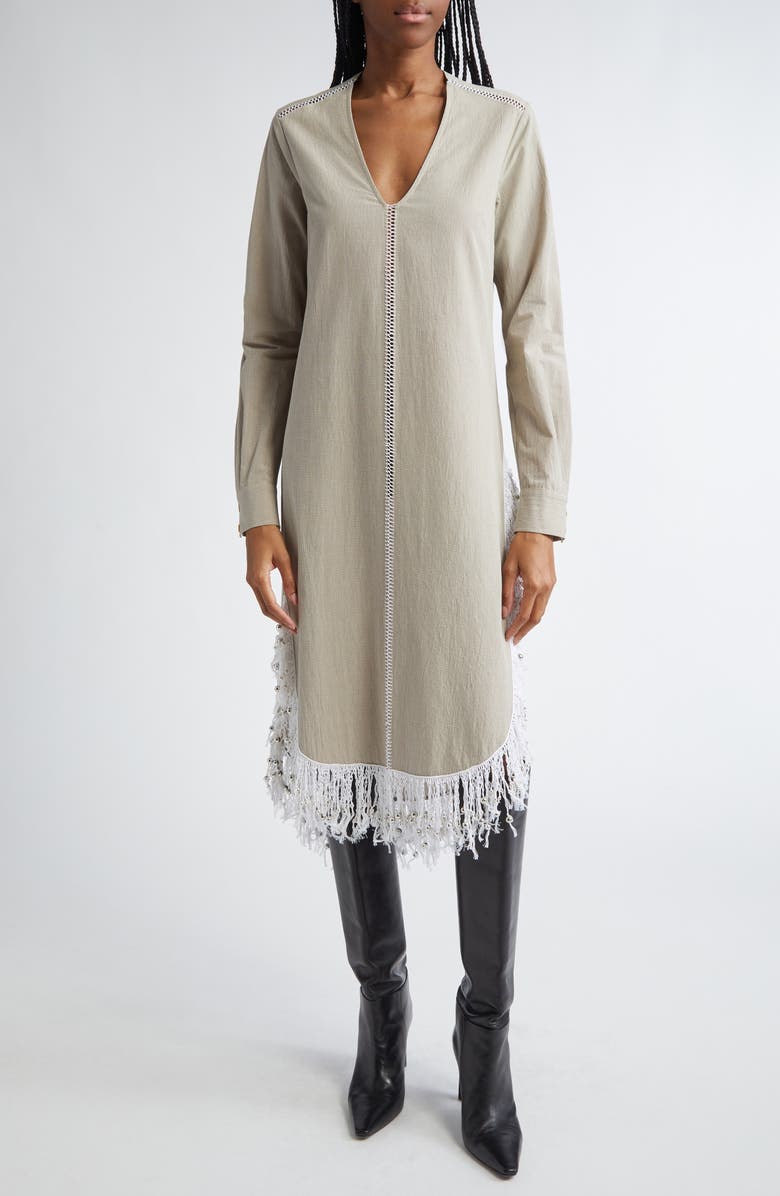 Diotima Una Beaded Fringe Long Sleeve Organic Cotton Midi Dress, Main, color, 