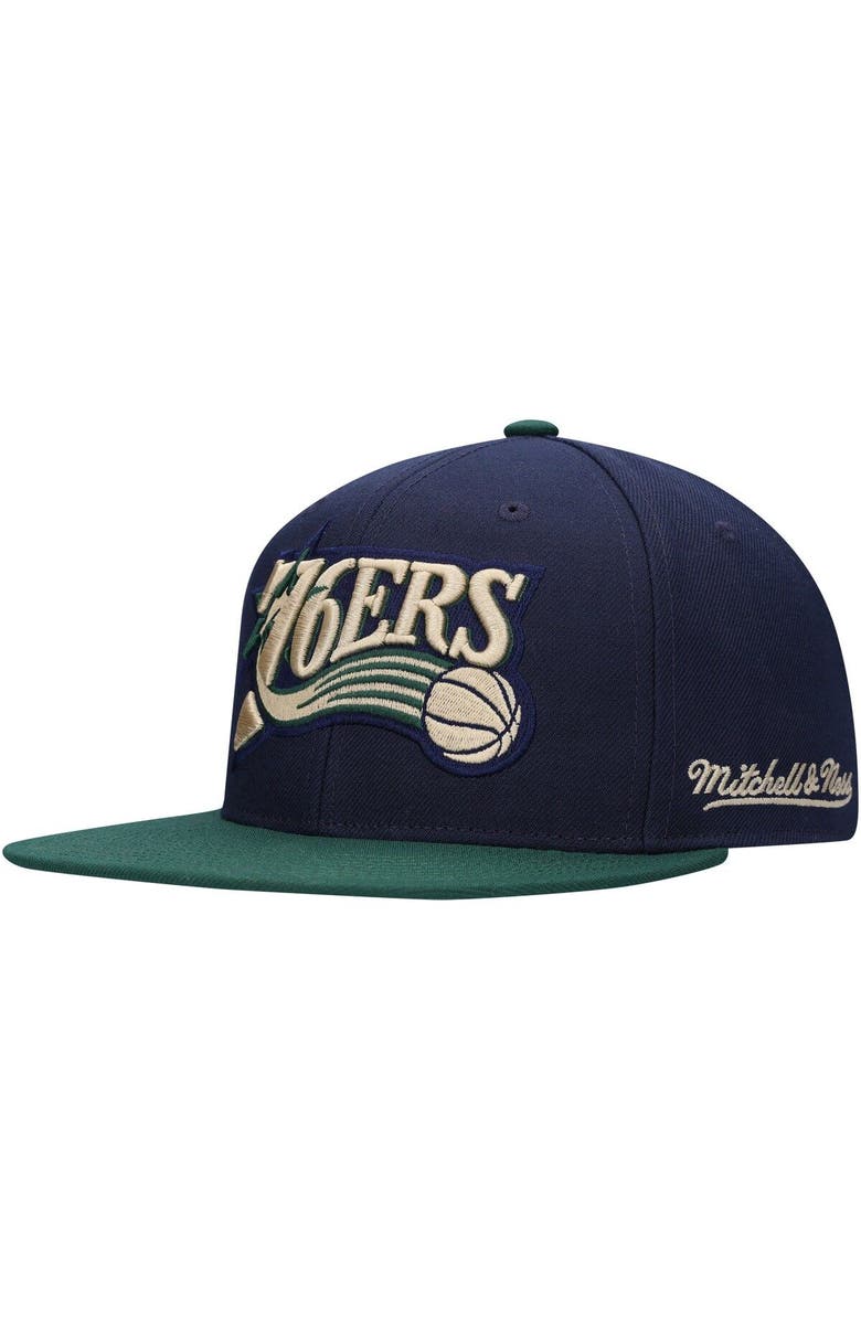Mitchell & Ness Men's Mitchell & Ness Navy/Green Philadelphia 76ers Hardwood Classics Grassland Fitted Hat, Alternate, color, 