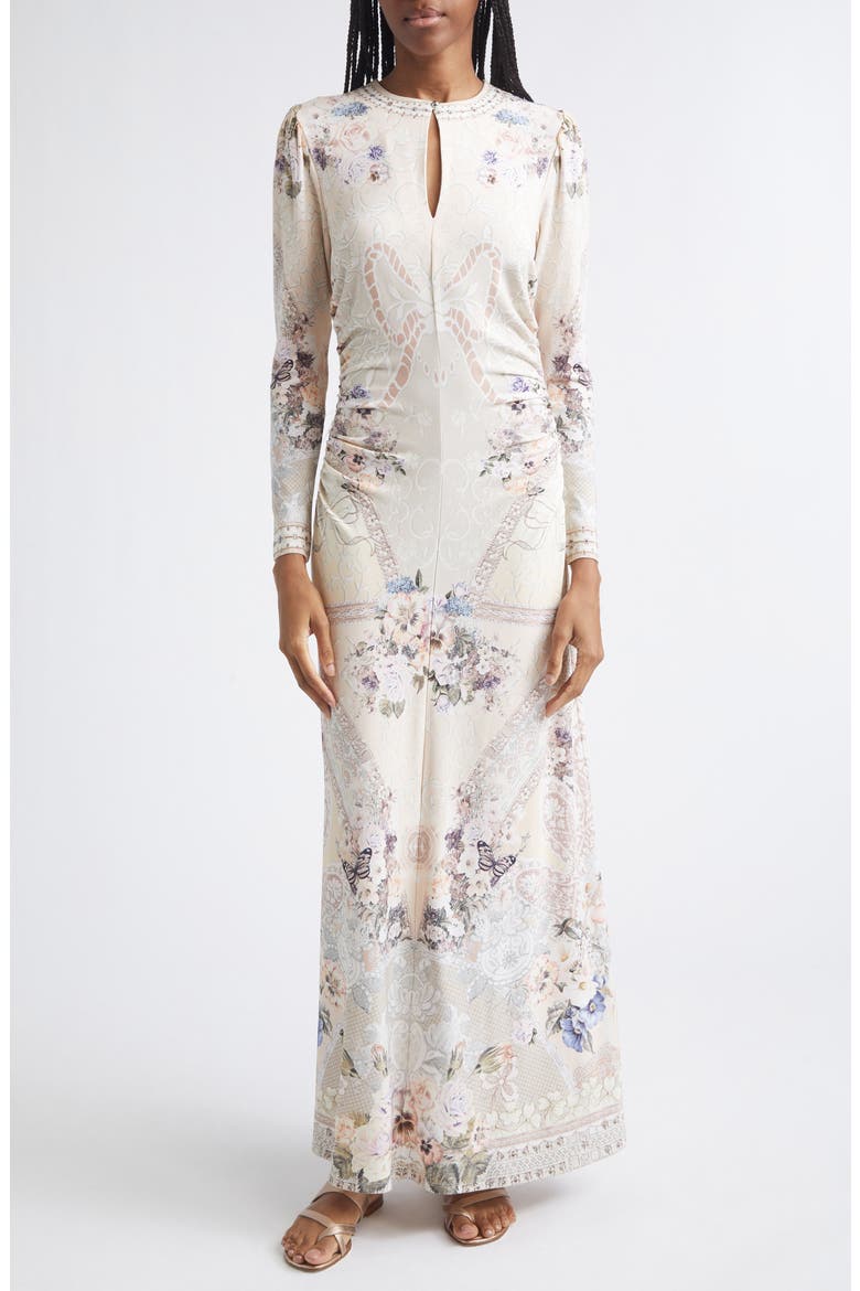 Print Ruched Jersey Maxi Dress, Main, color, LACED WITH LOVE
