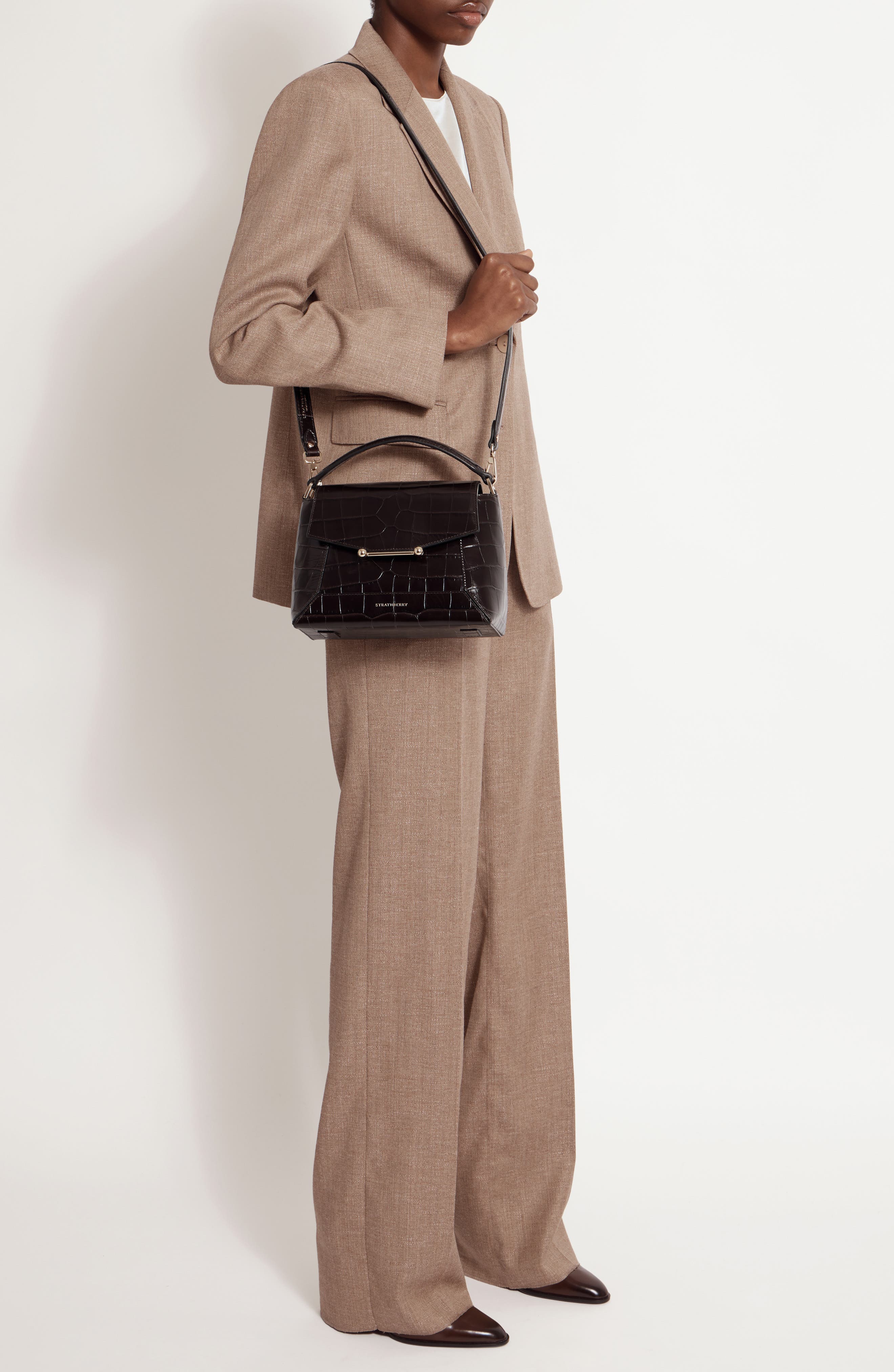 Strathberry Mosaic Croc Embossed Leather Top Handle Bag, Alternate, color, Mahogany