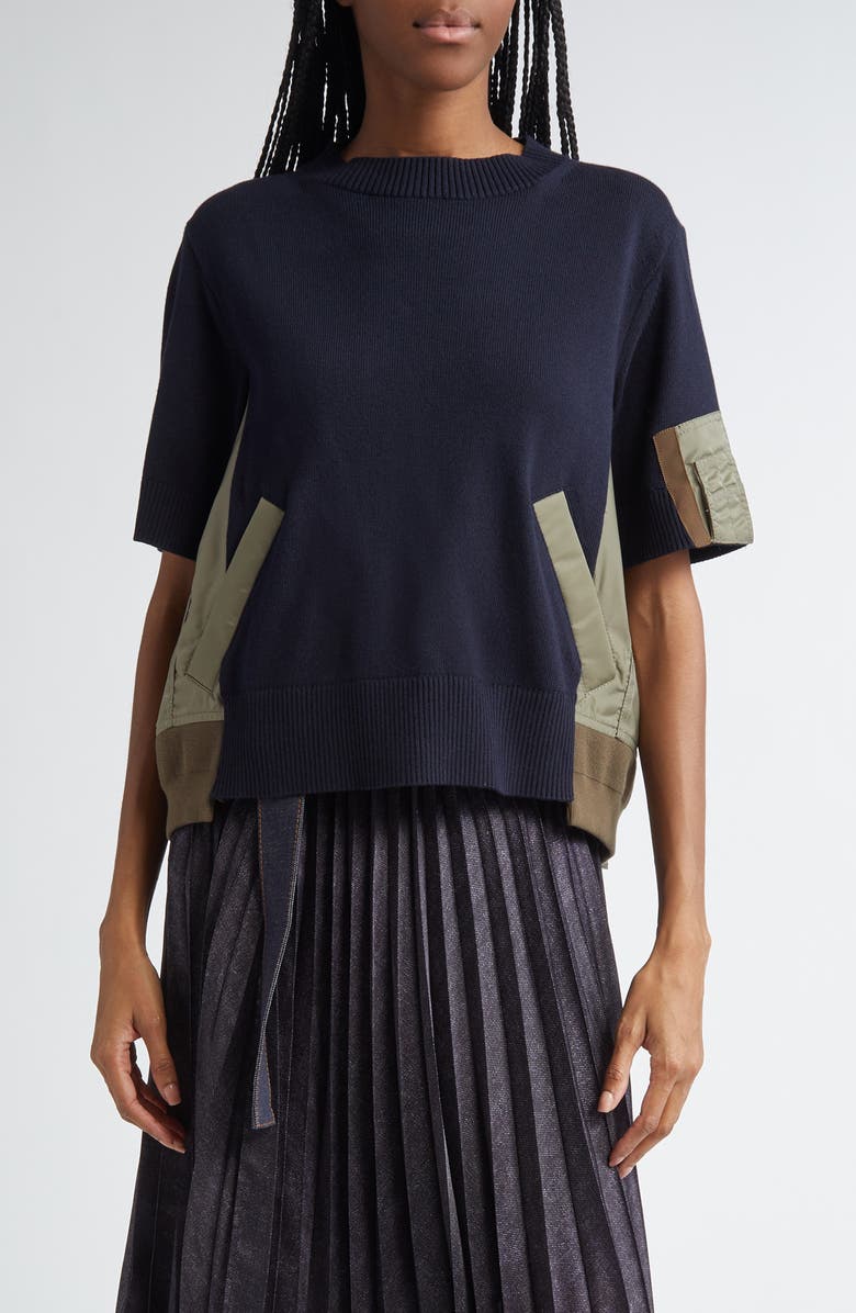 Sacai Mixed Media Short Sleeve Sweater, Main, color,
