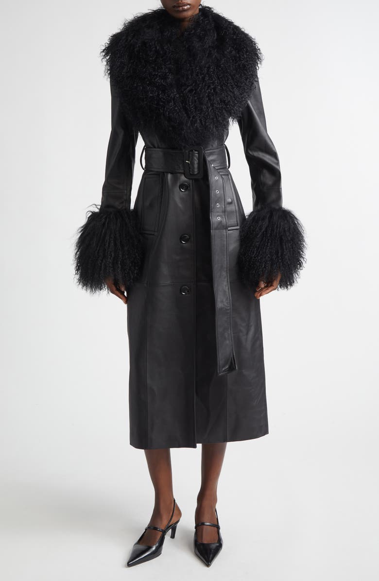Stand Studio Monica Lambskin & Genuine Shearling Coat, Main, color, Black/ Black