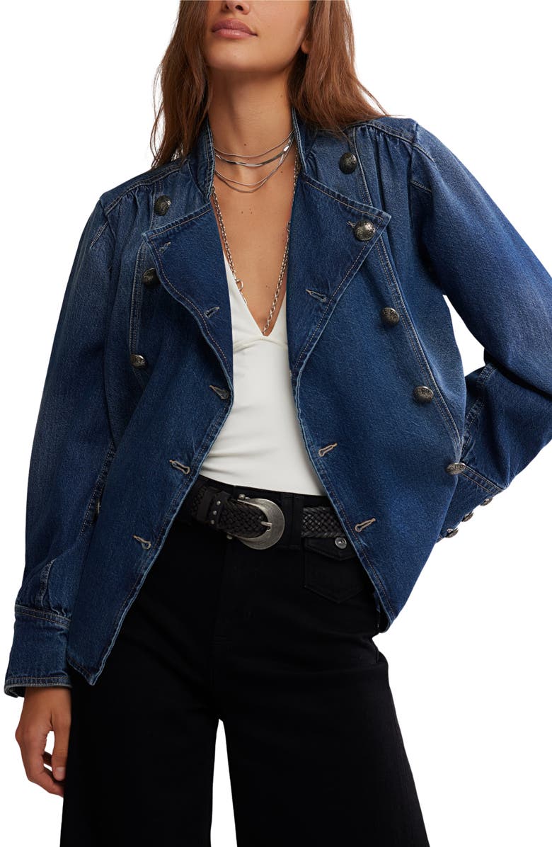 Free People Imogene Double Breasted Denim Jacket, Main, color, Ensign Wash