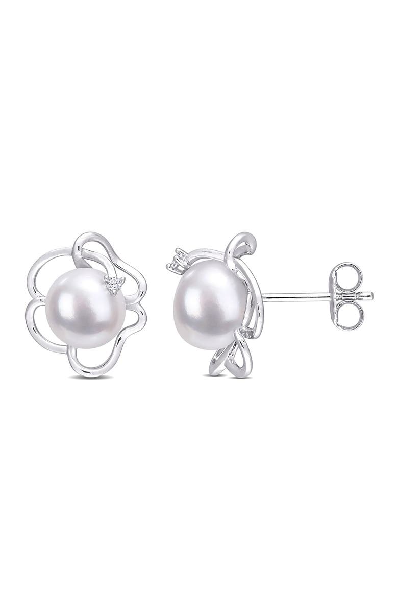 DELMAR Sterling Silver Created White Sapphire & 7.5 - 8mm White Freshwater Cultured Pearl Earrings, Main, color, 