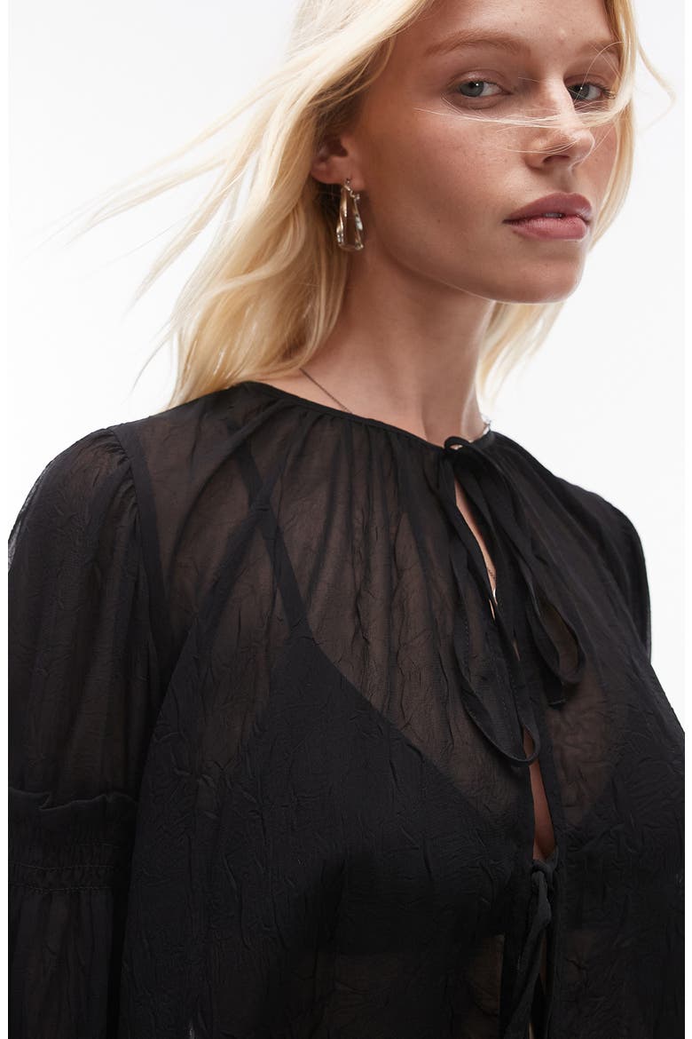Crinkle Sheer Tie Front Top, Alternate, color, BLACK