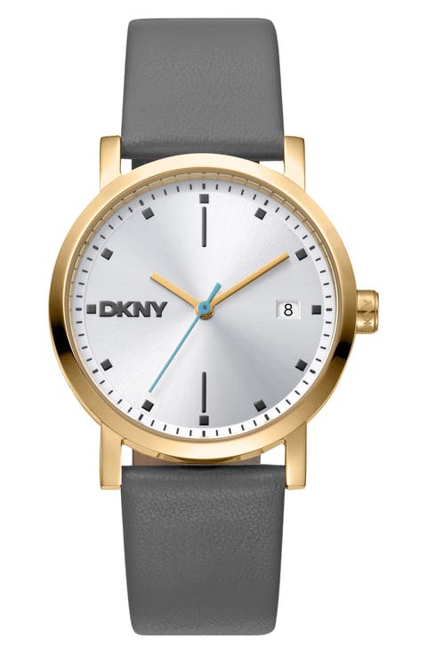 Three Hand Quartz Leather Strap Watch, 34mm
