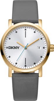 DKNY Three Hand Quartz Leather Strap Watch, 34mm
