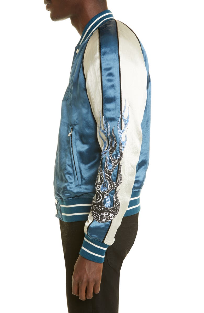 AMIRI Bandana Flames Satin & Velour Letterman Jacket, Alternate, color, 