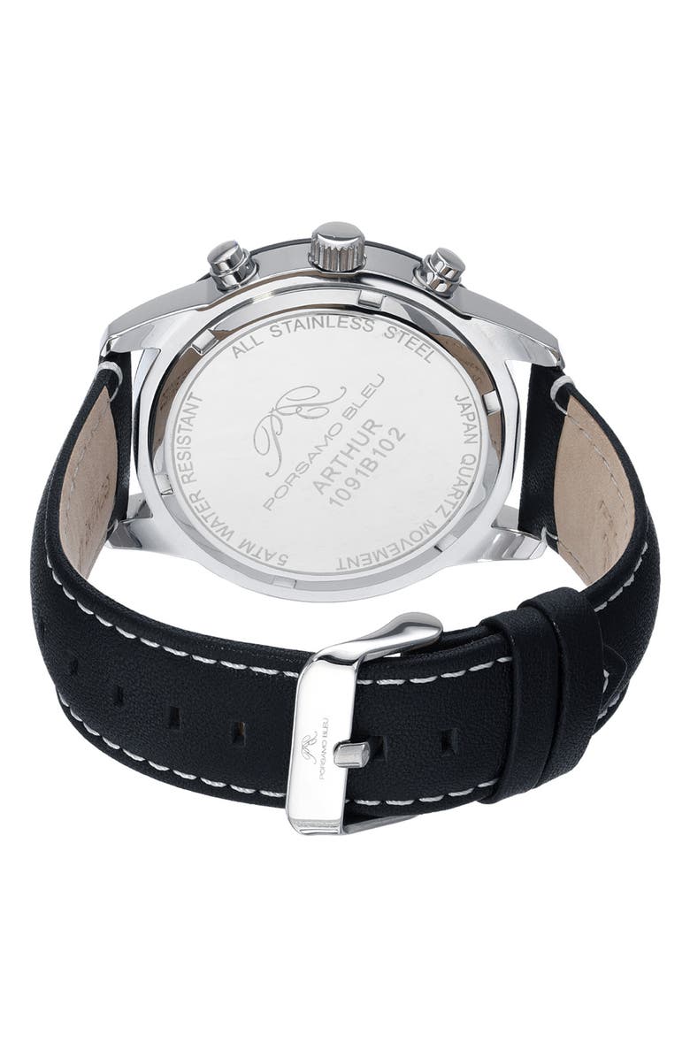 PORSAMO BLEU Men's Arthur Chronograph Leather Strap Watch, 44mm, Alternate, color, Silver/Black