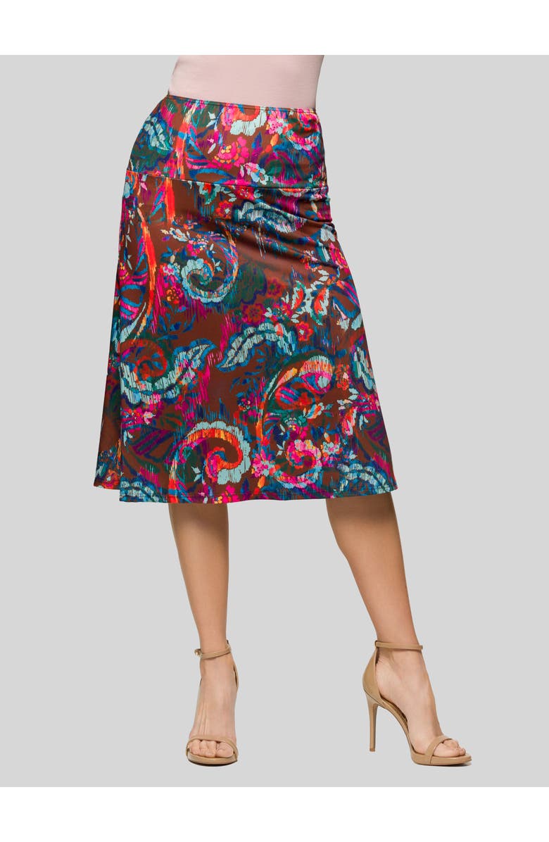24seven Comfort Apparel Paisley Print Comfortable Elastic Waist Knee Length Skirt, Main, color, Brown Multi