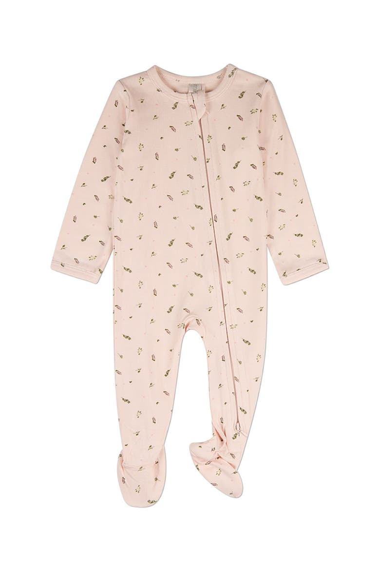 Baby Tiny Leaves Front-Zip Footie, Main, color, Barely Pink