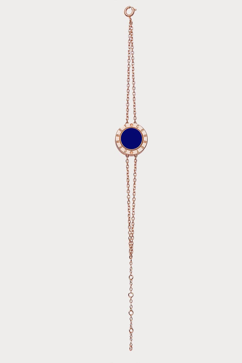 Rose Gold Plated Double Chain with Bleu Saphir Enamel Luxury Safety Bracelet, Alternate, color, Rose Gold