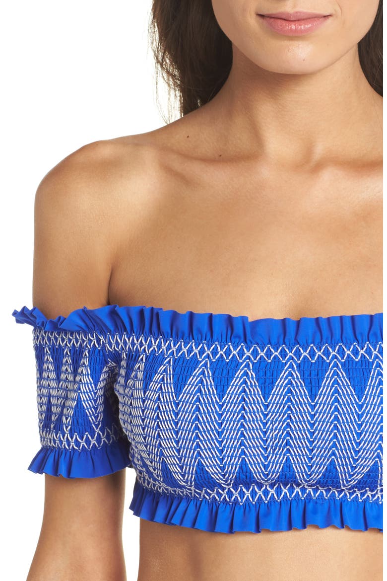 Smocked Bardot Bikini Top, Alternate, color, BRIGHT BLUE