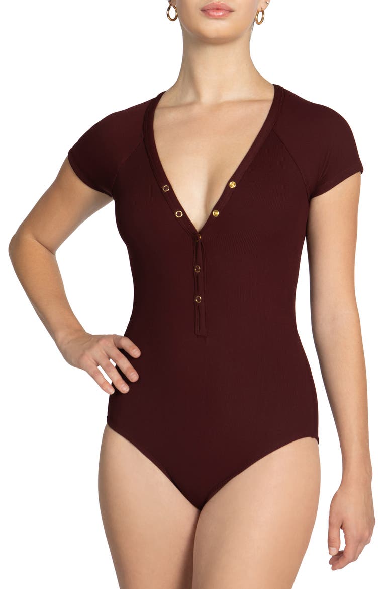 Amy Plunge Neck Cap Sleeve One-Piece Swimsuit, Main, color, ALL SPICE