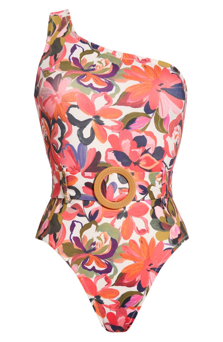 Hutch One-Shoulder O-Ring One-Piece Swimsuit, Alternate, color, Coral Painted Lush Tropical