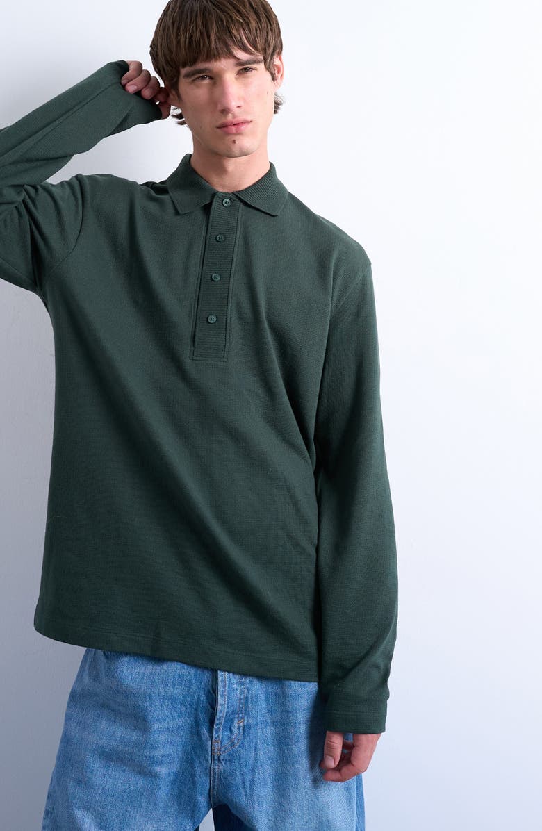 Topman Textured Long Sleeve Polo, Main, color, Dark Green