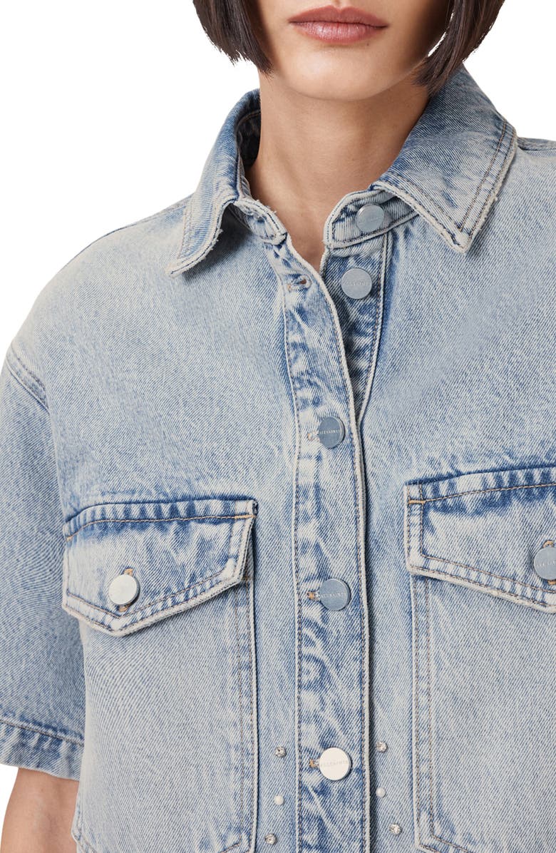 AllSaints Tove Embellished Short Sleeve Oversize Denim Button-Up Shirt, Alternate, color,