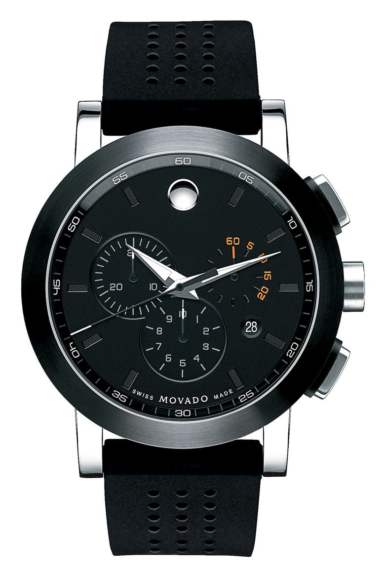 'Museum' Chronograph Rubber Strap Watch, 44mm, Main, color, BLACK