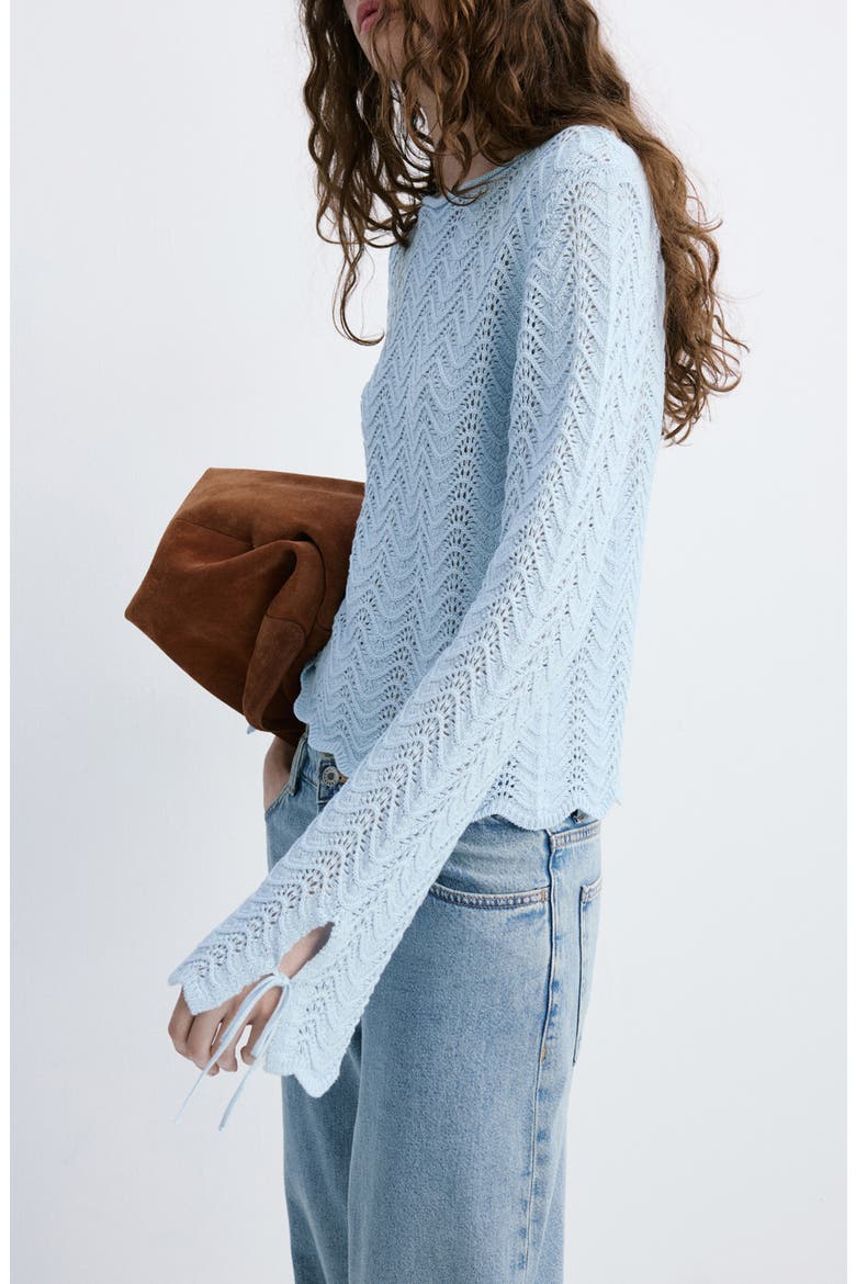 Mixed Open Stitch Long Sleeve Cotton Sweater, Alternate, color, SKY BLUE