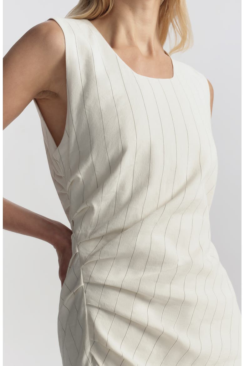 Caroline Pinstripe Side Ruched Linen Blend Dress, Alternate, color, PEARL/ BROWN