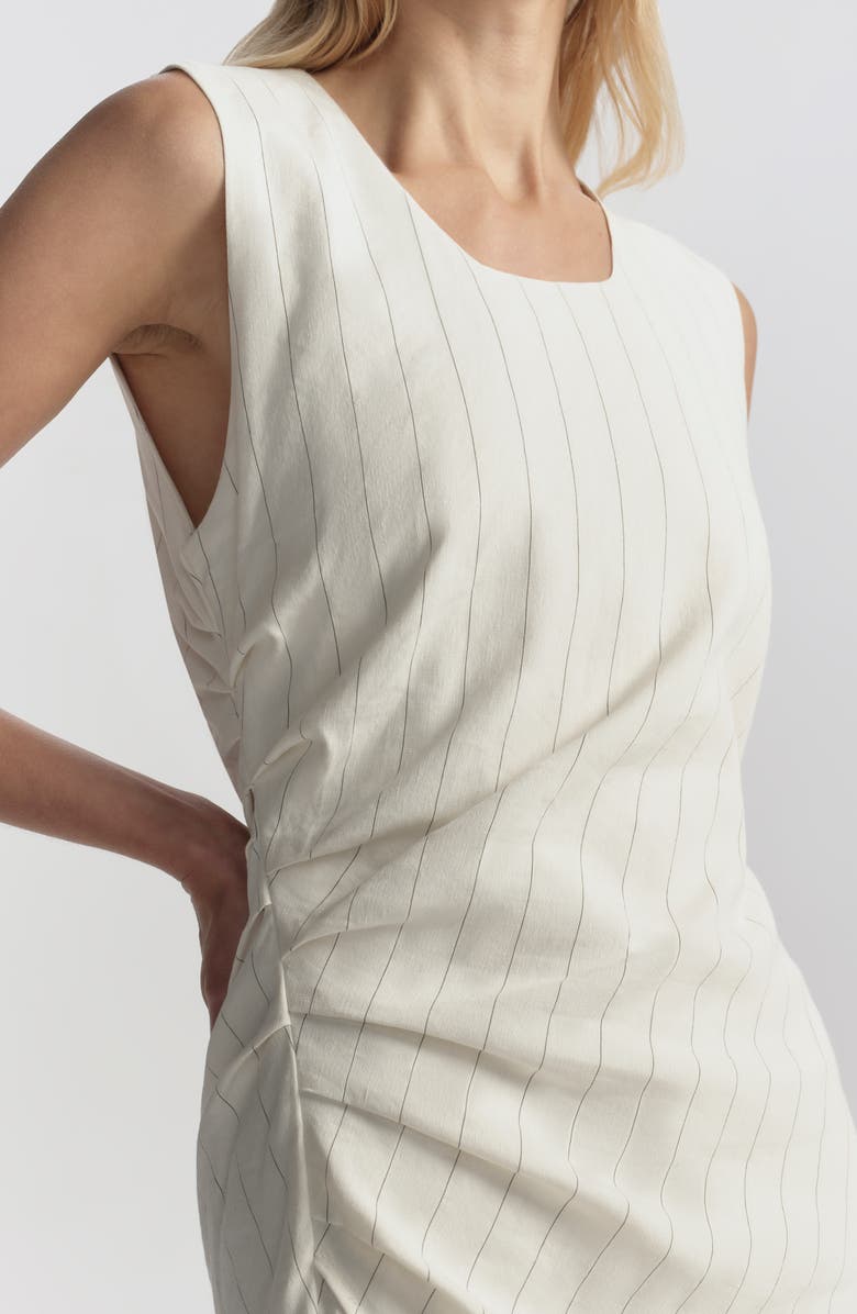 A.L.C. Caroline Pinstripe Side Ruched Linen Blend Dress, Alternate, color, Pearl/ Brown