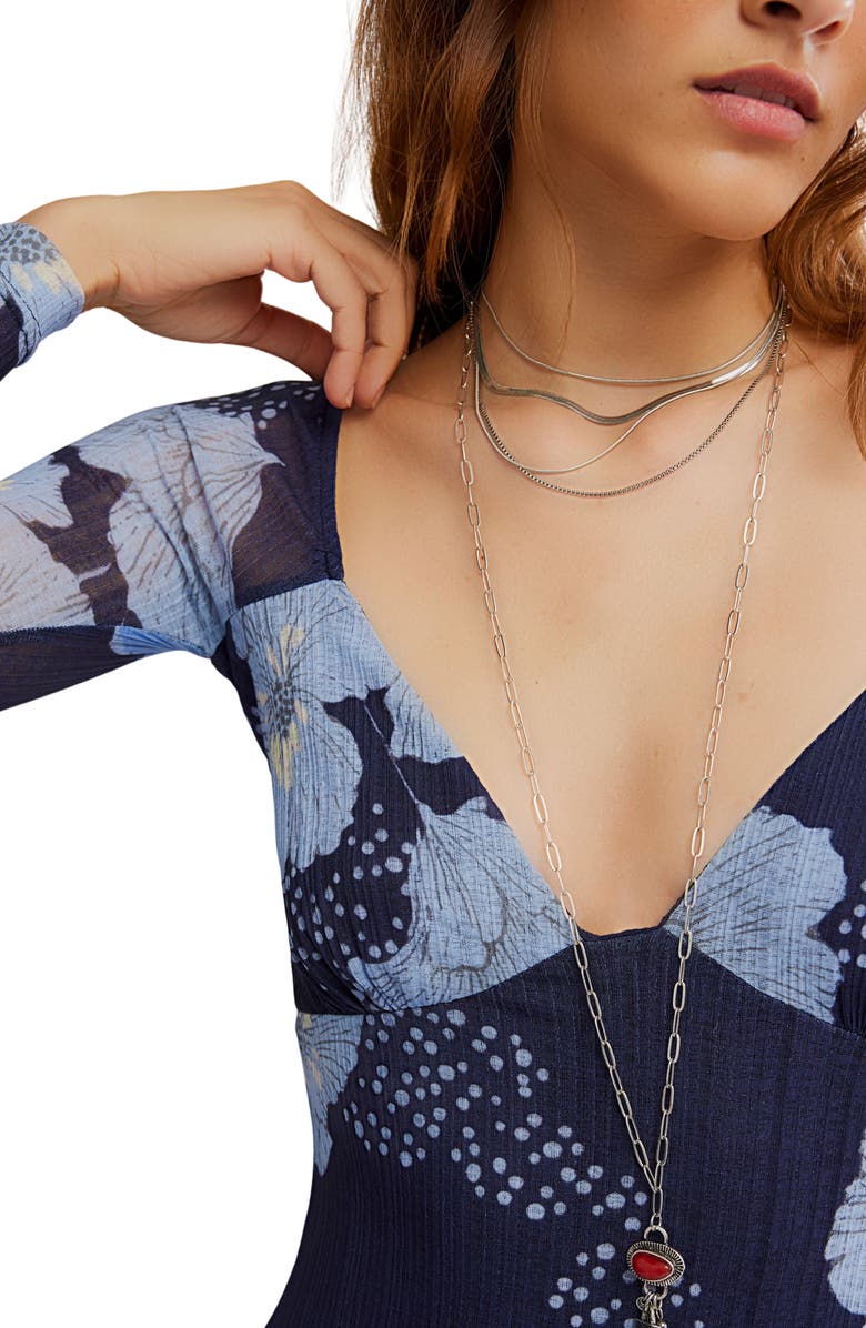 Free People Calla Floral Long Sleeve Knit Midi Dress, Alternate, color, Sky Combo