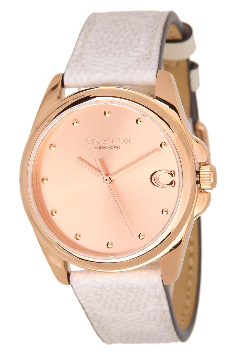 Greyson Leather Strap Watch, 36mm, Main, color, ROSE GOLD