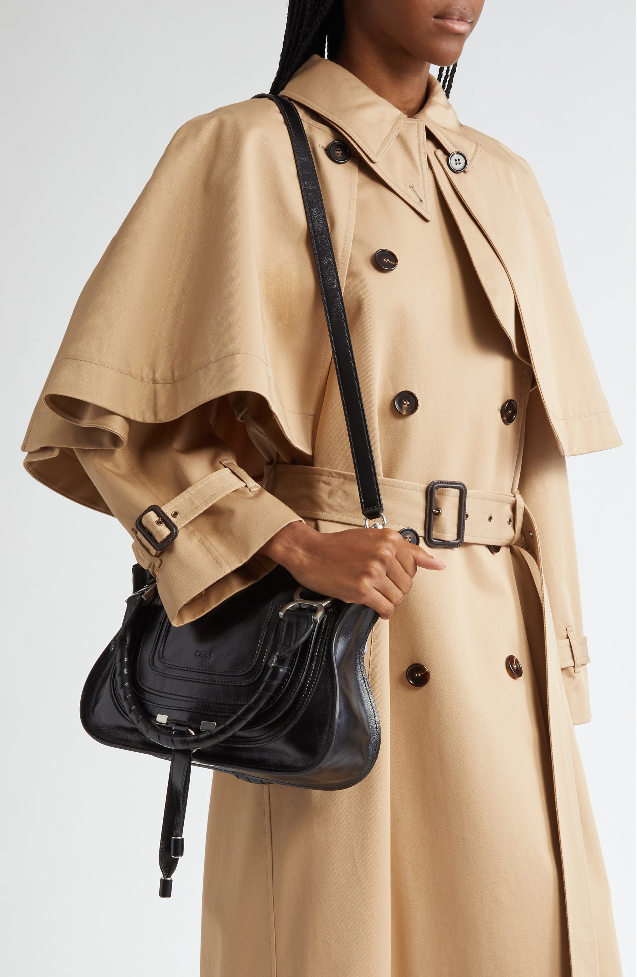 Chloé Small Marcie Leather Satchel, Alternate, color, Black