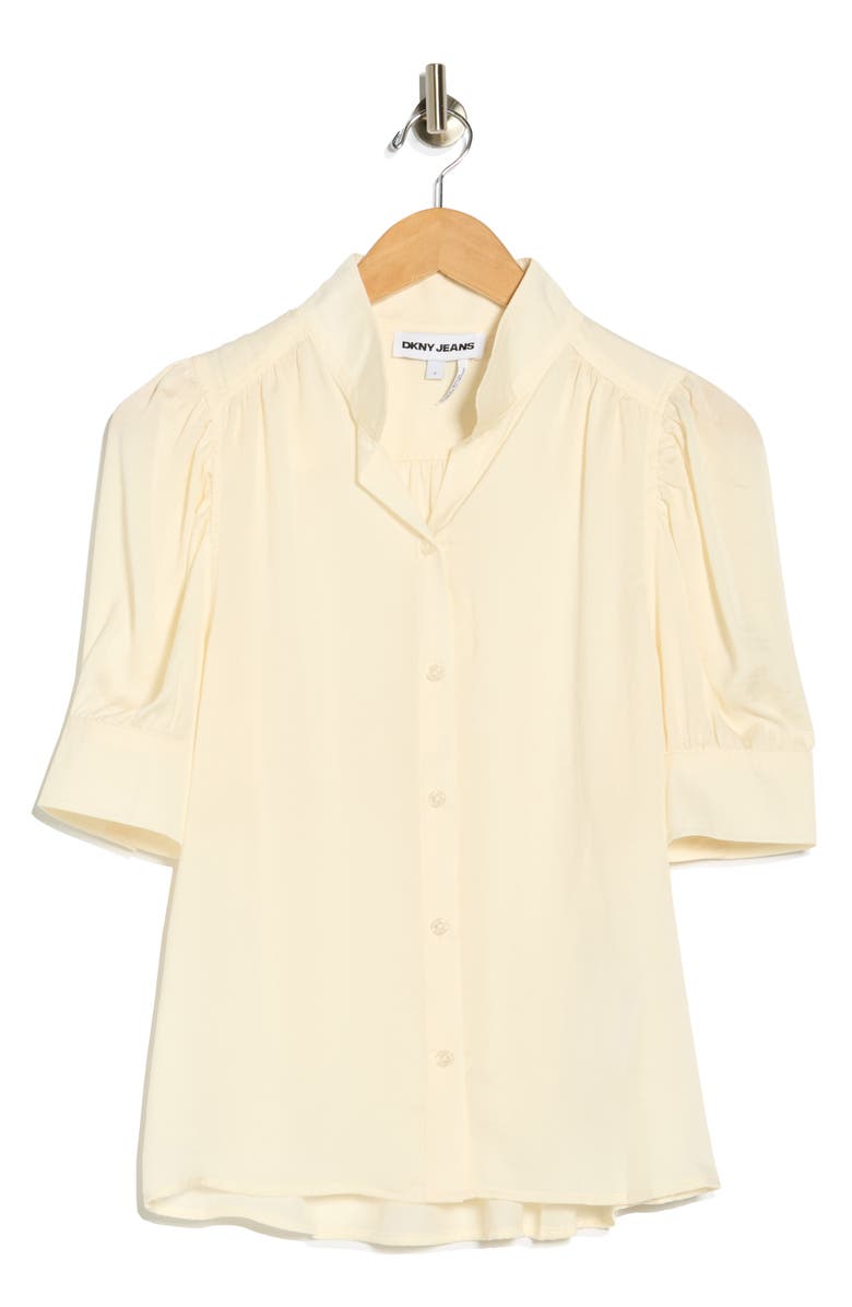 DKNY Jeans Puff Short Sleeve Button-Up Shirt, Alternate, color, Eggnog