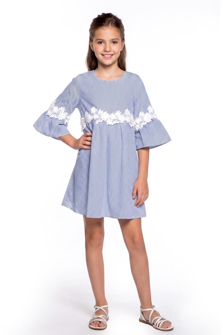 Kids' Lace Trim Bell Sleeve Dress, Alternate, color, BLUE MULTI