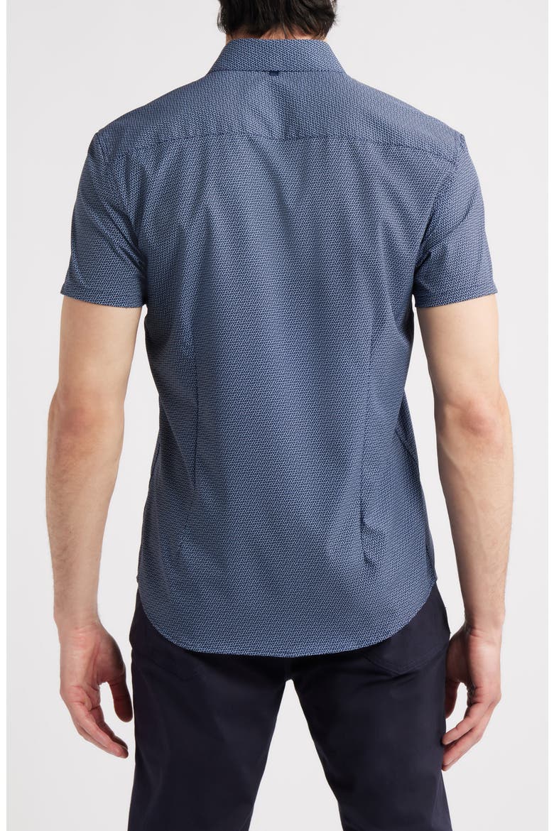 Trim Fit Hexagon Print Short Sleeve Performance Button-Up Shirt, Alternate, color, NAVY