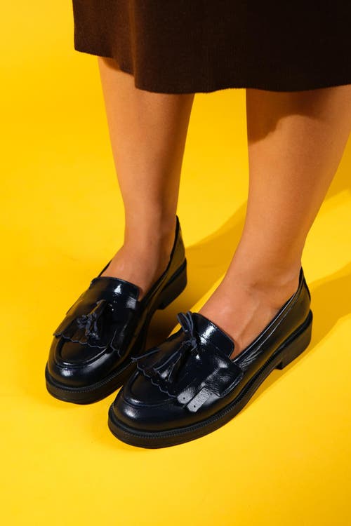 Forever & Always Shoes Milly Leather Tassel Loafer In Navy Patent Leather
