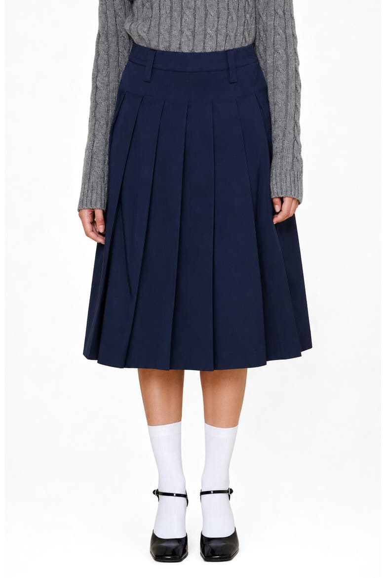 Pleated Cotton Midi Skirt, Main, color, NAVY