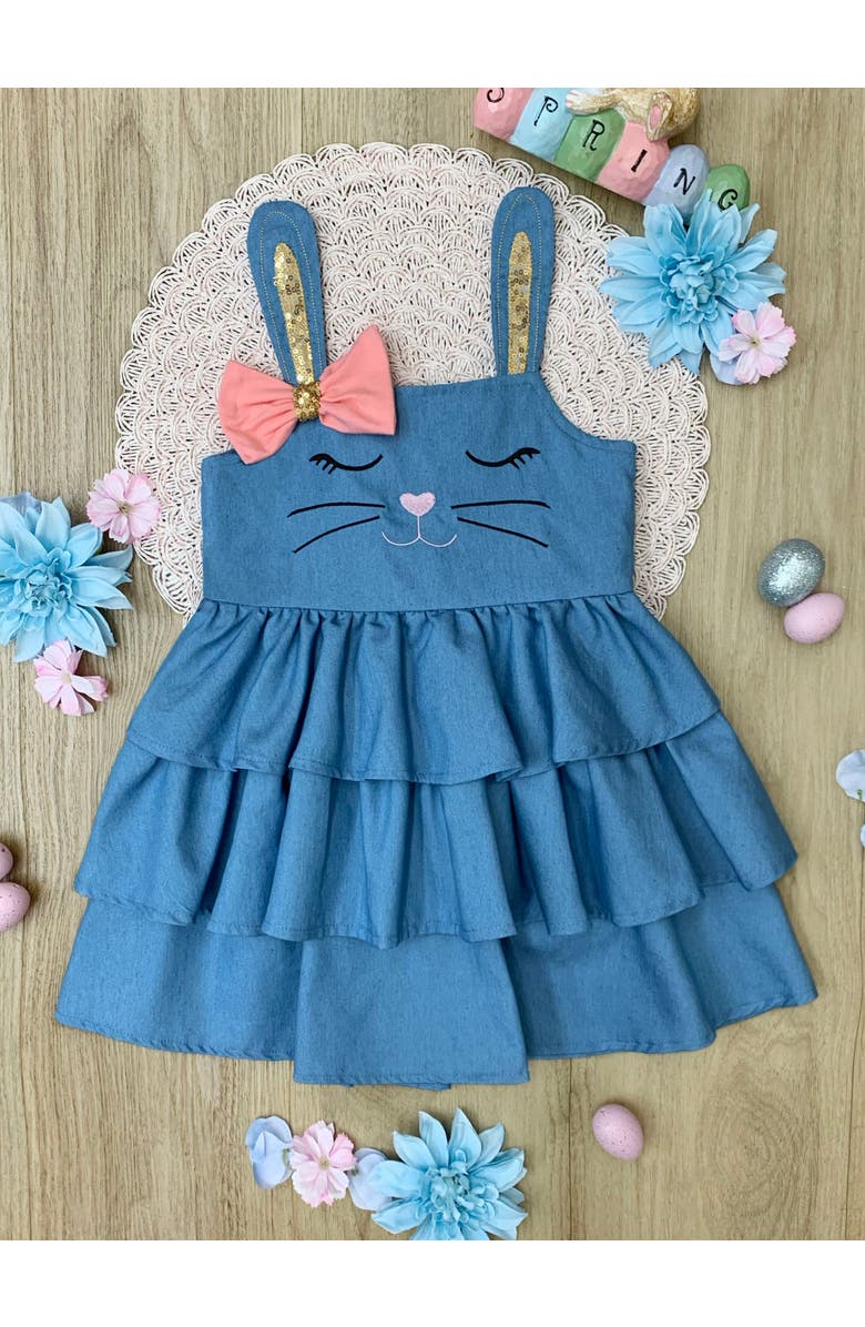 Mia Belle Girls Girls Bunny Dreams Ruffle Denim Easter Dress, Alternate, color, Blue