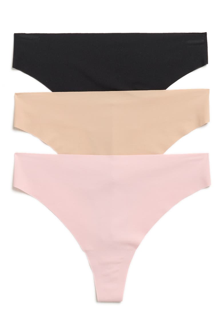 Invisible Edge Assorted 3-Pack Thongs, Main, color, PINK- TAN- BLACK MULTI